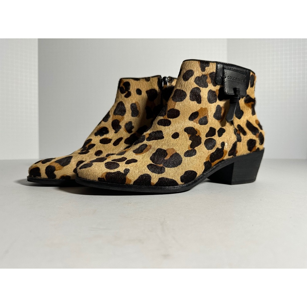 Cole Haan Grand.OS Leopard Print Calf Hair Ankle Boots Block Heel Tan Black